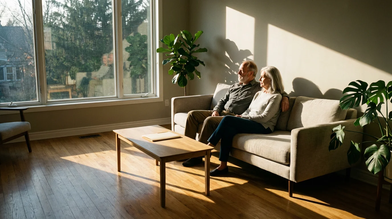 Elderly couple sitting thoughtfully on a sofa in a sunlit living room planning ahead.