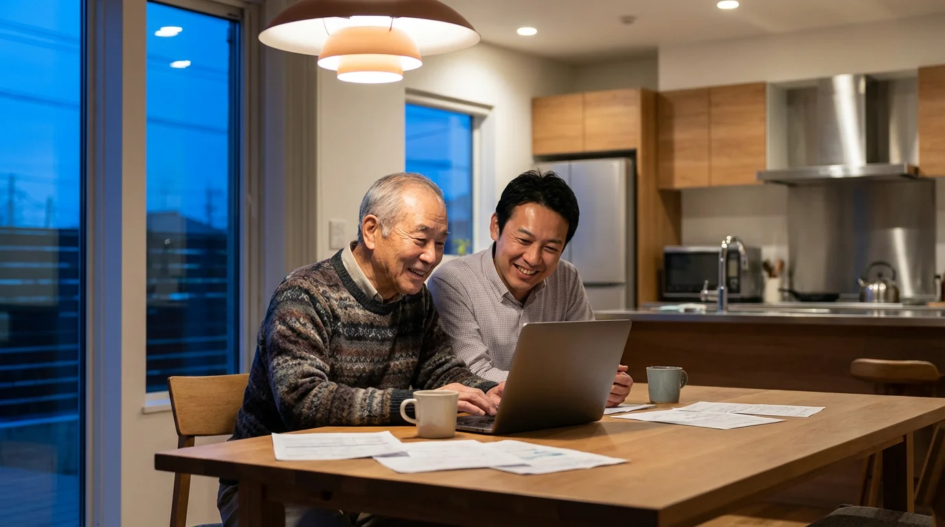 Elderly father and adult son smile while reviewing finances on a laptop at dusk.