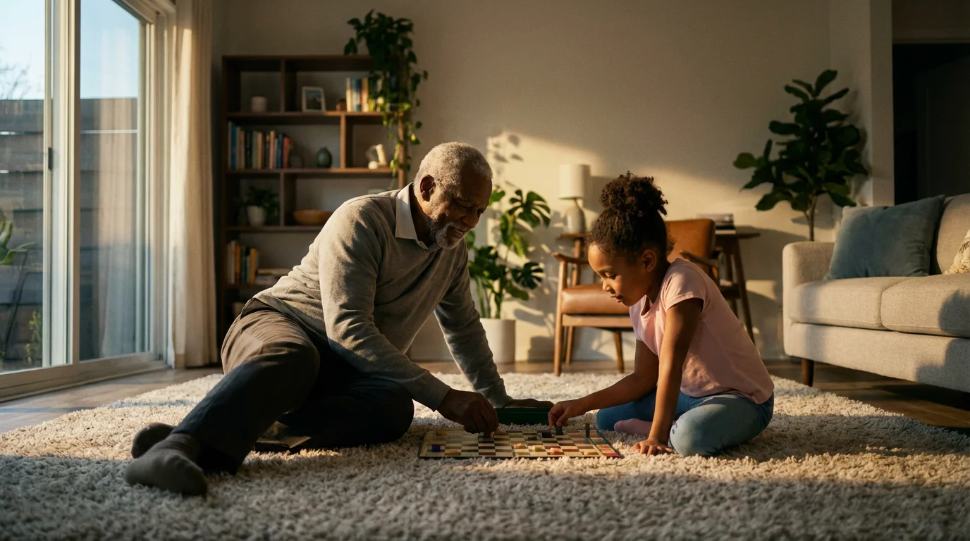 Elderly grandfather and young granddaughter playing a board game on a living room floor.