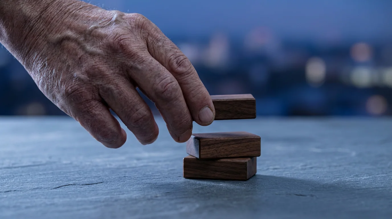 Elderly hand carefully placing a wooden block, symbolizing choosing a beneficiary for a legacy.