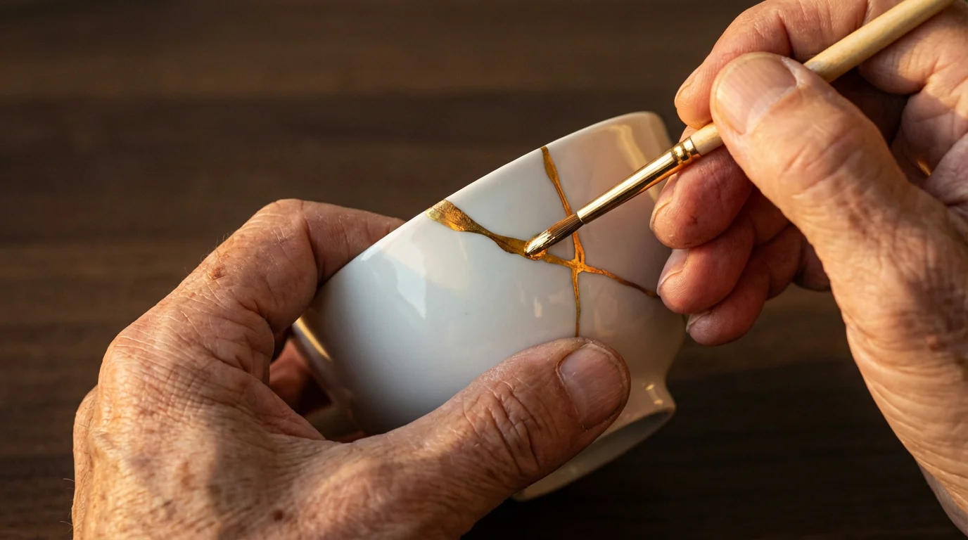 Elderly hands carefully mending a cracked ceramic bowl with gold lacquer during golden hour.