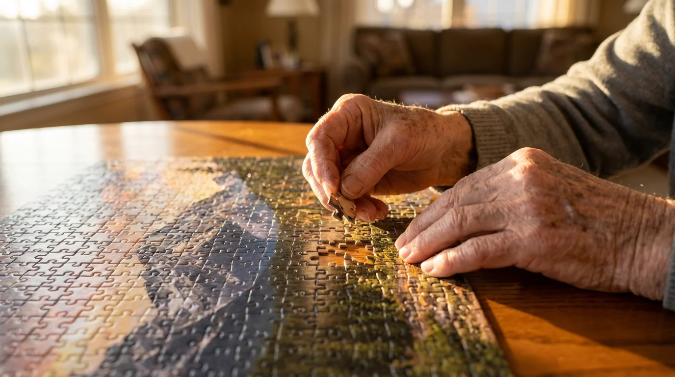 Elderly hands carefully placing the last piece of a scenic jigsaw puzzle.