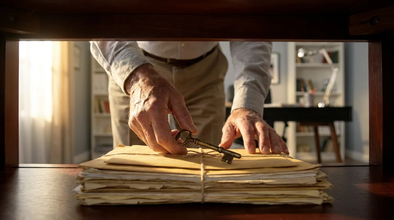 Elderly hands place a vintage key on a stack of legal estate planning documents.