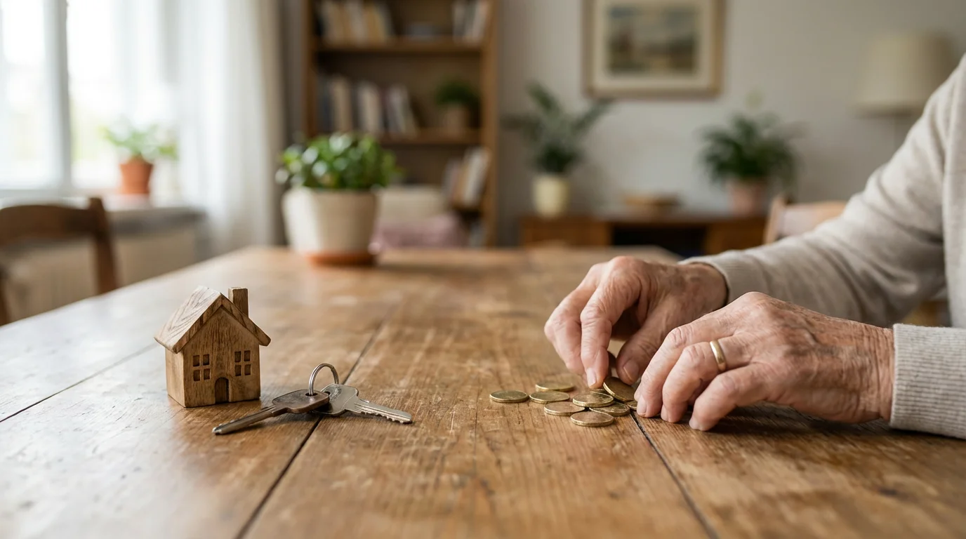Elderly hands sort a house figurine and coins on a table, representing Medicaid assets.
