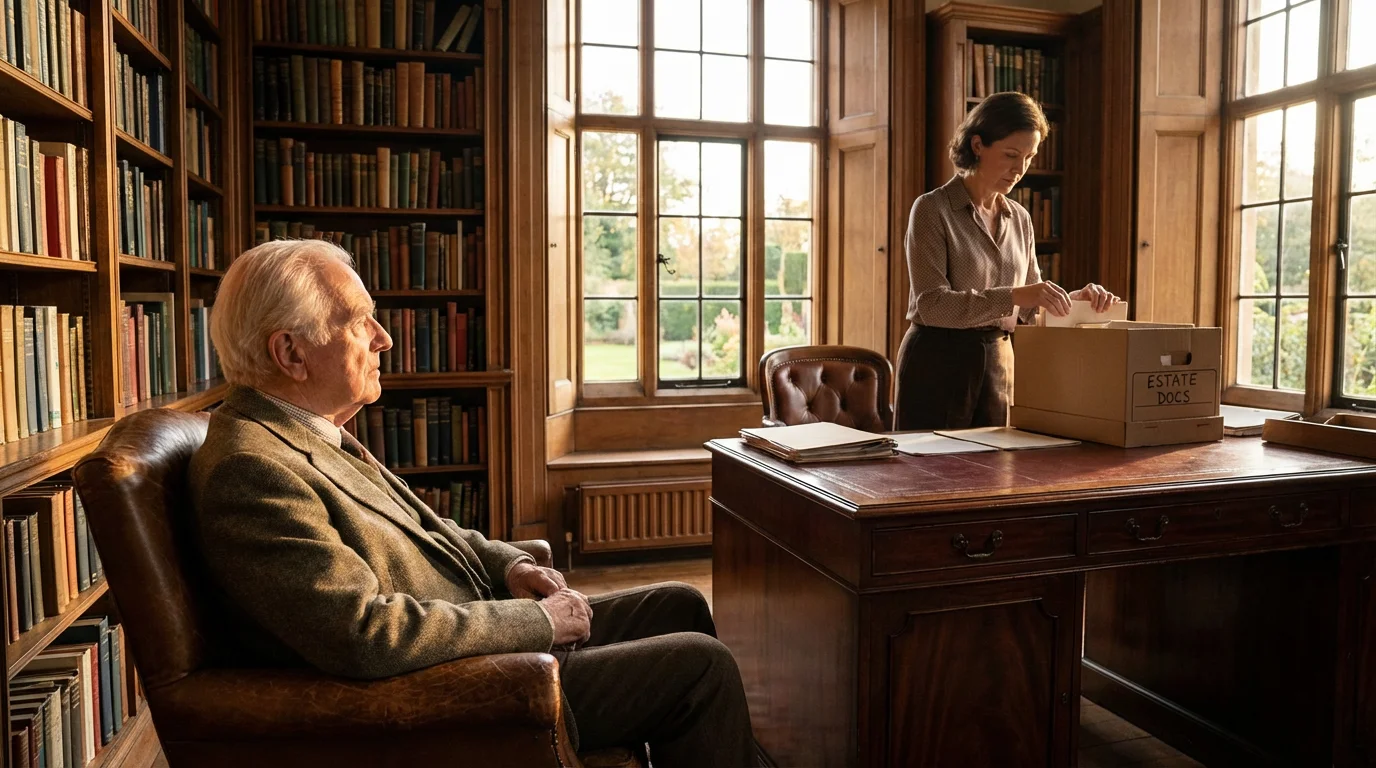 Elderly man in a home study while a woman organizes financial papers at a desk.
