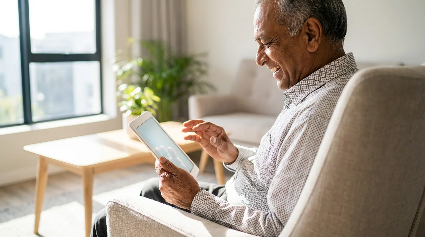 Elderly man laughing while using a tablet for a video call in a sunlit living room.