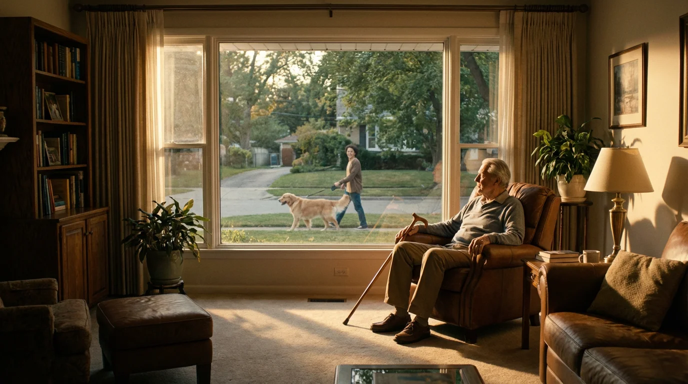Elderly man watching from a window as his golden retriever is walked outside.