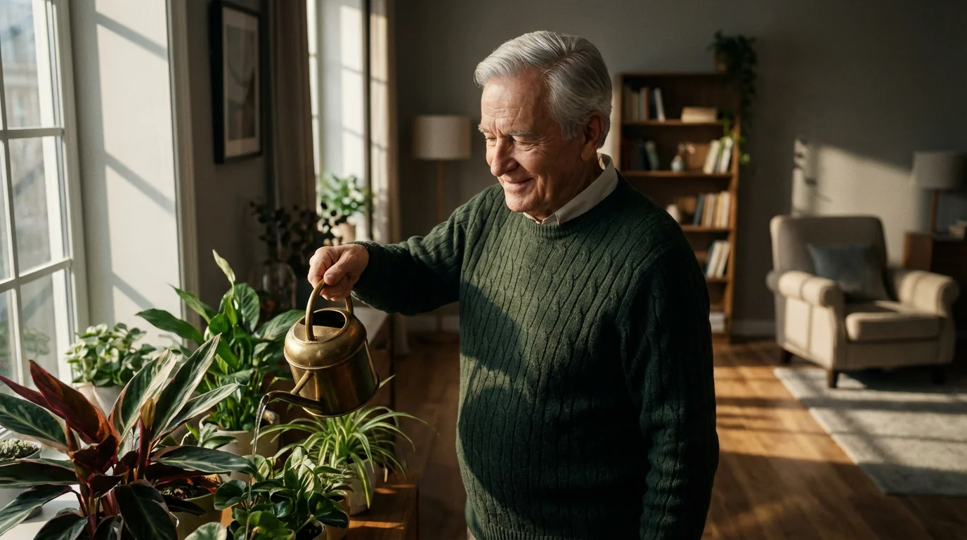 Elderly man watering houseplants in a sunlit living room during the afternoon.