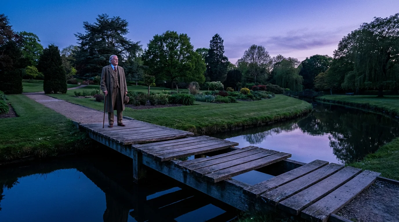 Elderly person contemplates a broken wooden footbridge in a park at twilight.