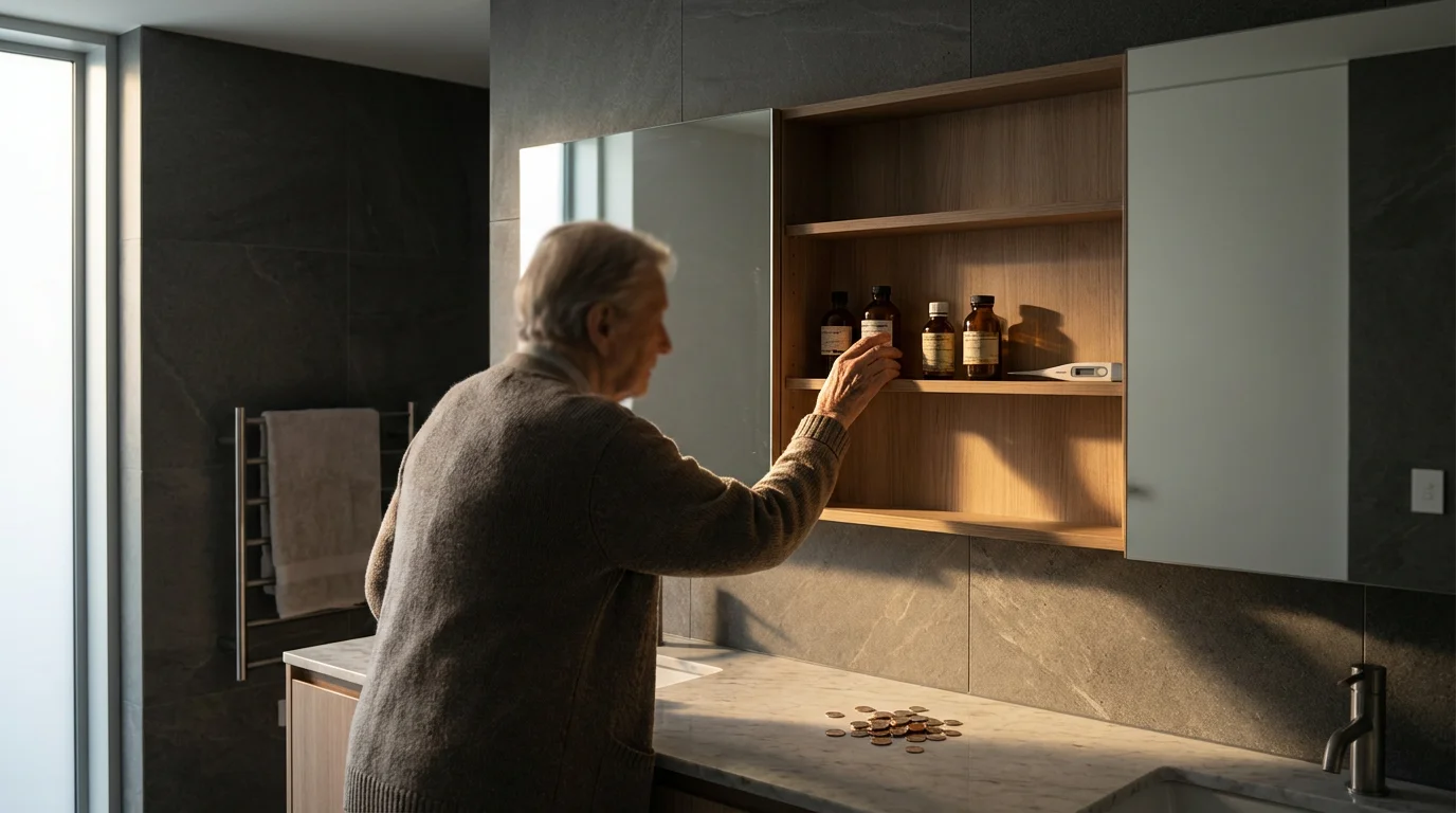 Elderly person reaches into a sparse medicine cabinet with coins on the counter below.
