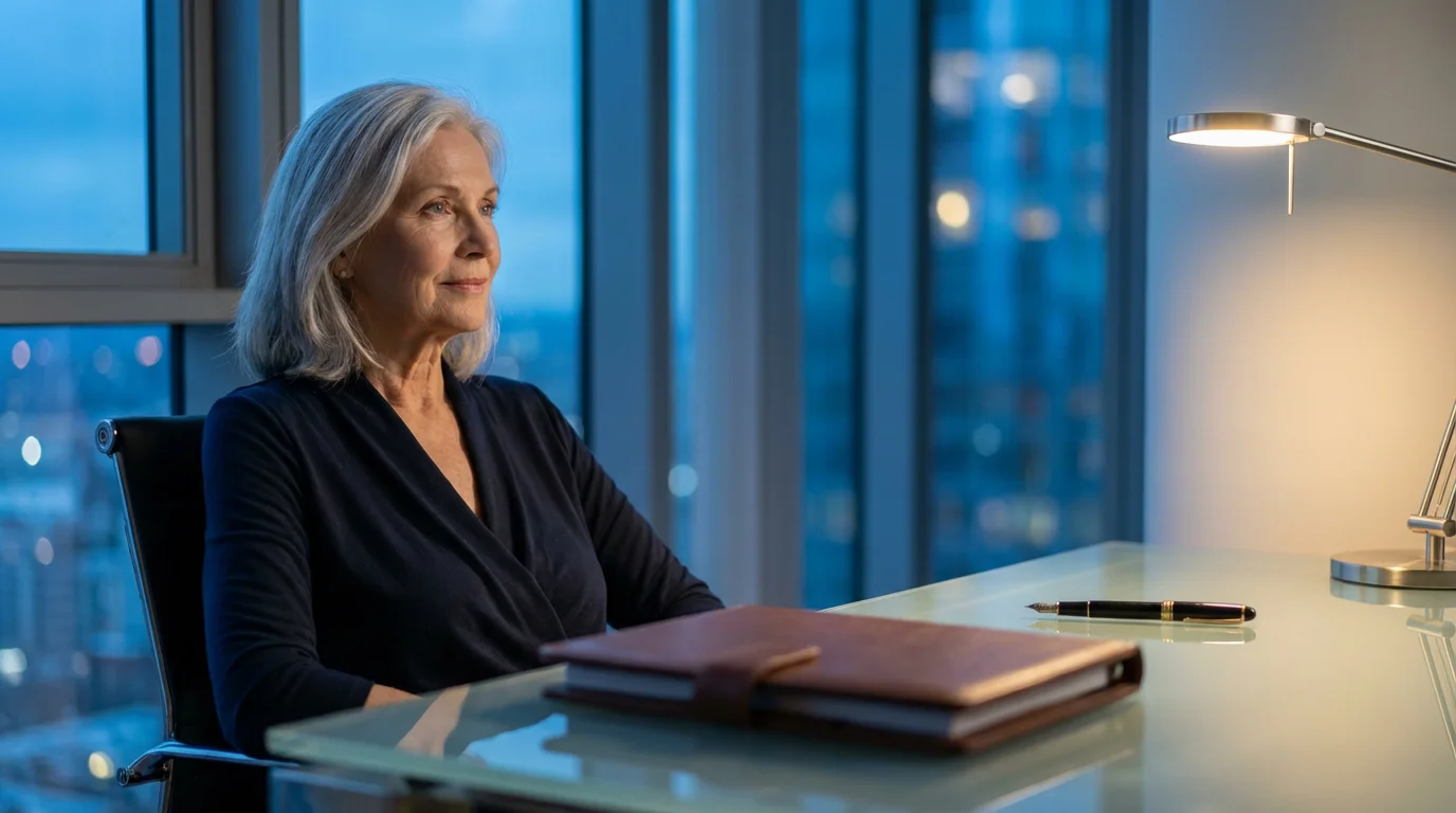 Elderly woman at a desk in the evening, contemplating her estate plan.
