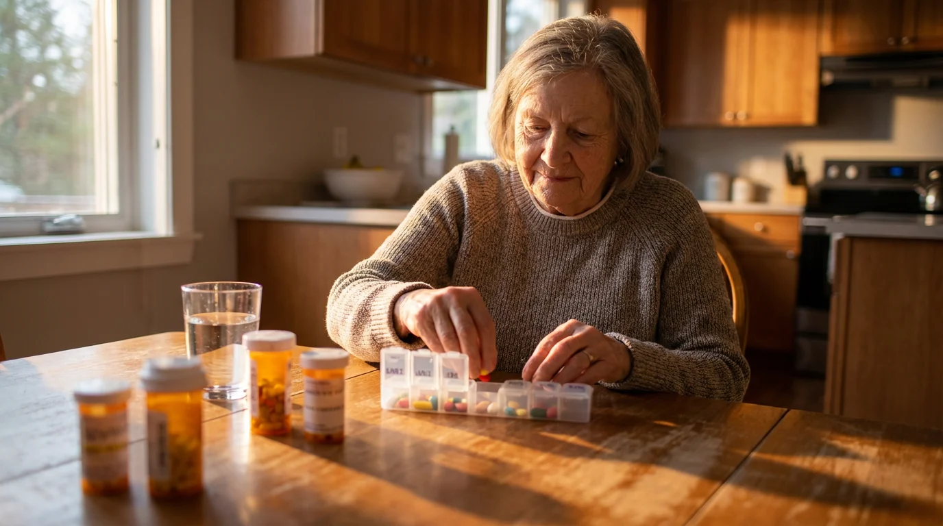 Elderly woman organizing her weekly prescription medication on a sunlit table at golden hour.