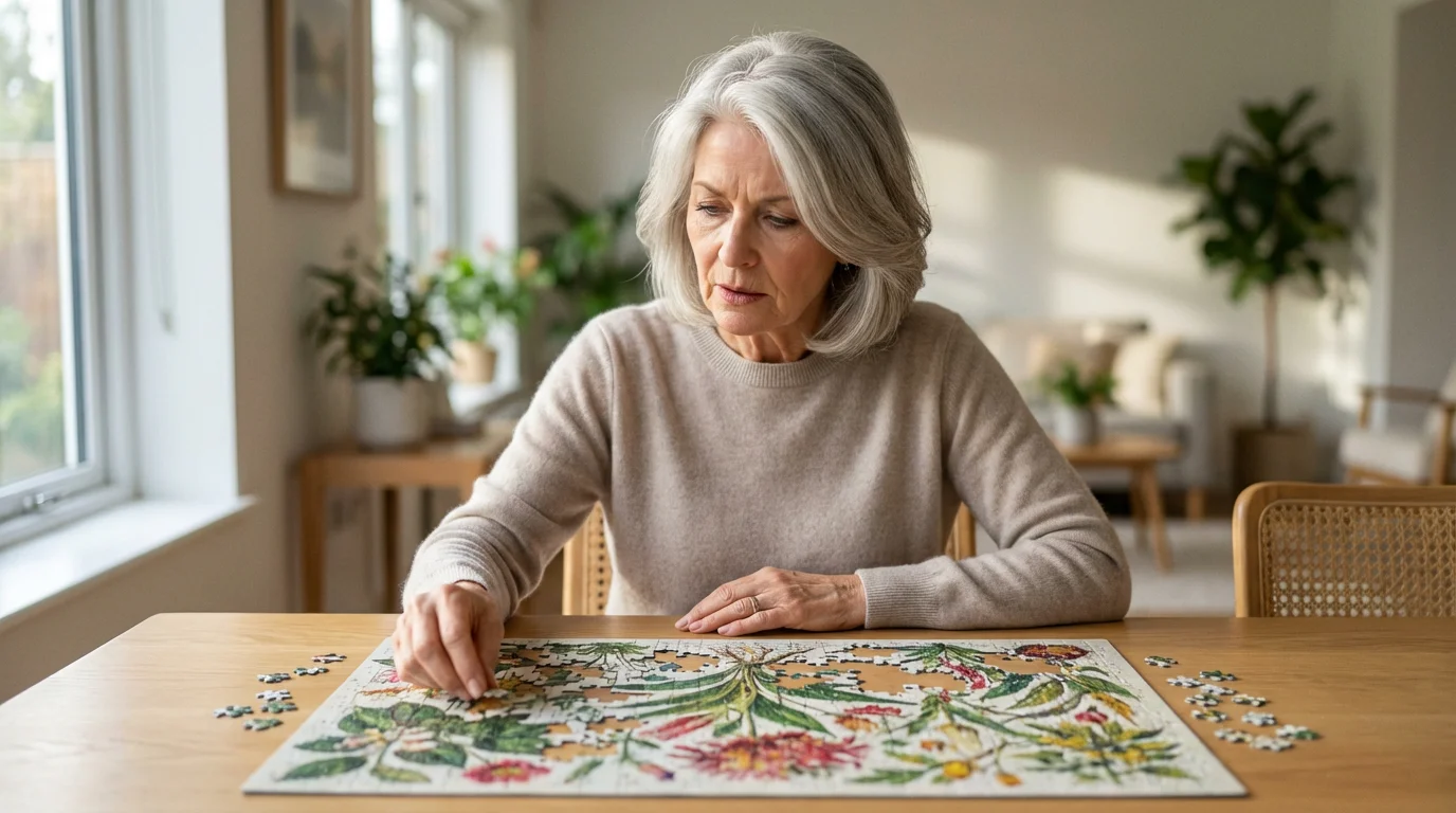 Elegant senior woman solving a difficult jigsaw puzzle in a bright, modern sunroom.