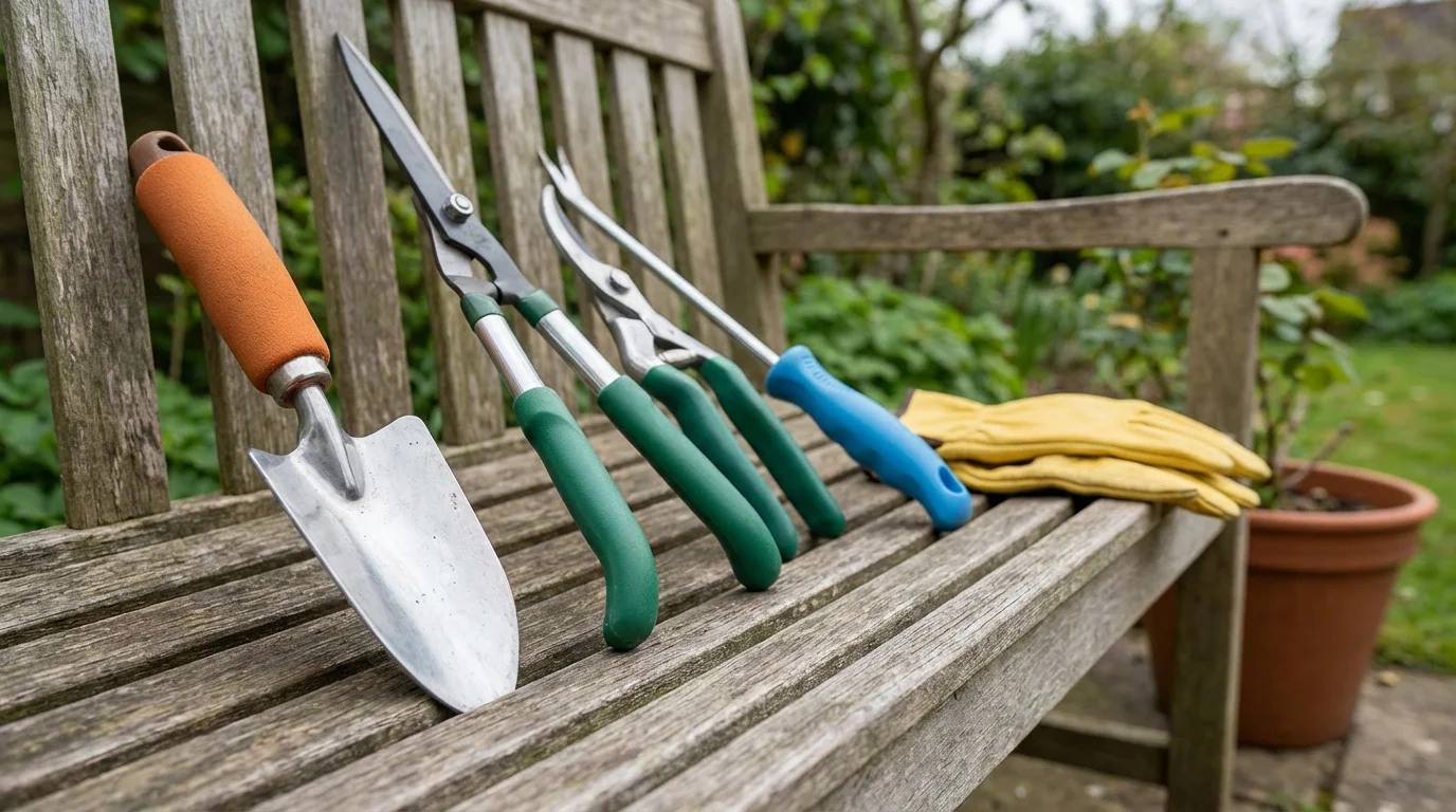 Ergonomic gardening tools with cushioned grips displayed on a wooden garden bench.