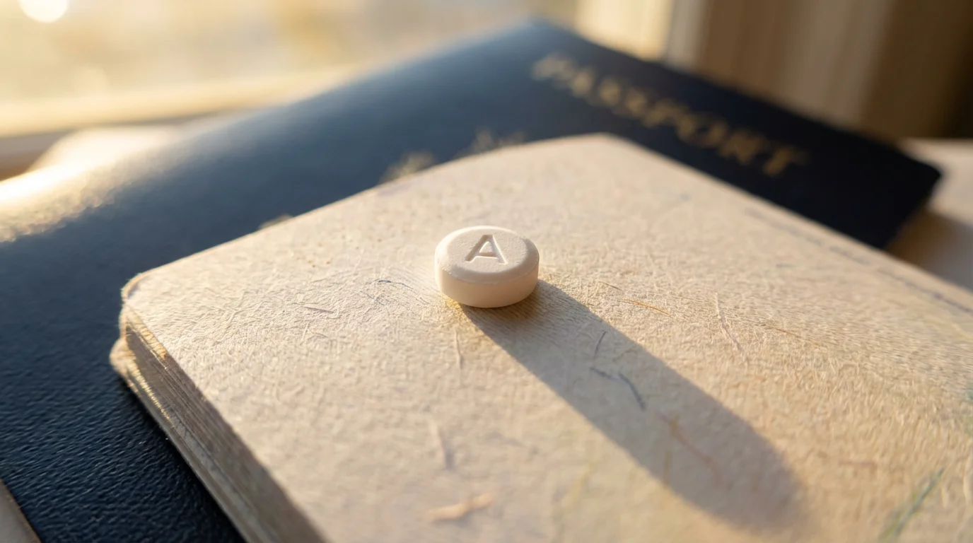 Extreme close-up macro shot of a single white pill on a blank passport page.