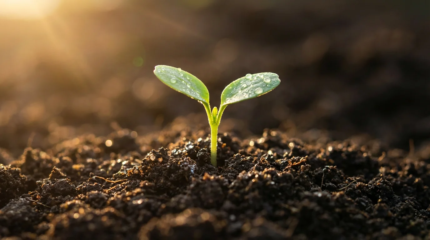 Extreme macro photo of a tiny green seedling sprouting from dark soil in warm light.