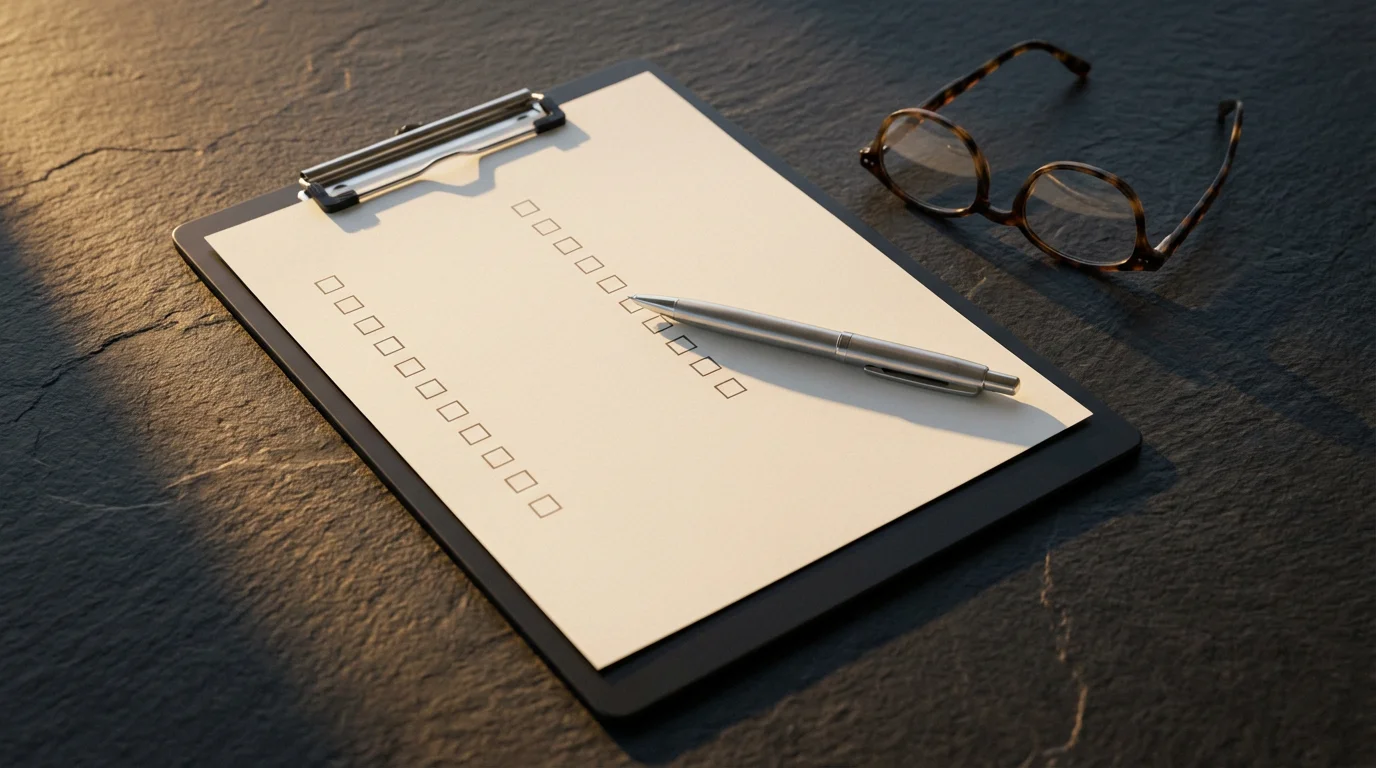 Flat lay of a clipboard with a blank checklist, pen, and reading glasses.