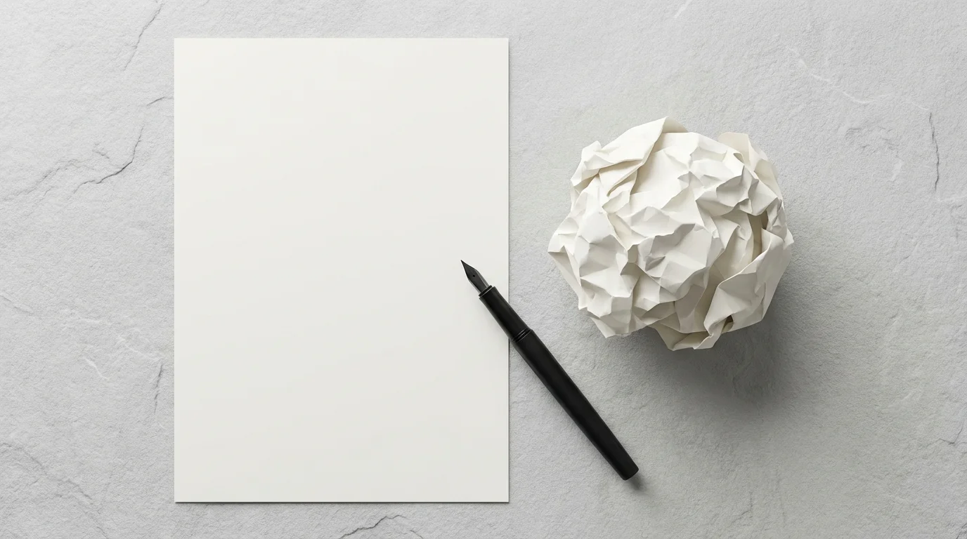 Flat lay of a crumpled paper ball next to a smooth sheet and pen.