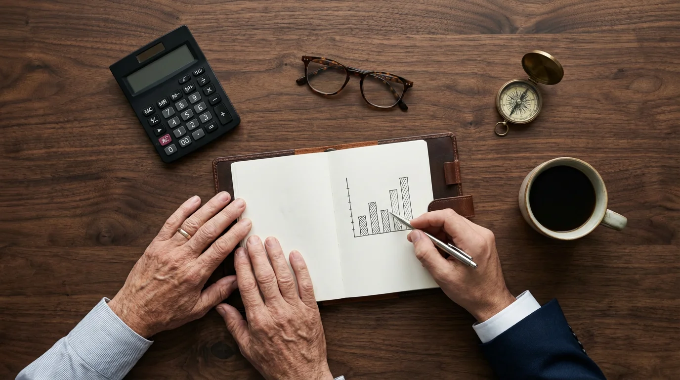 Flat lay of a financial planning meeting with a notebook, pen, and compass.
