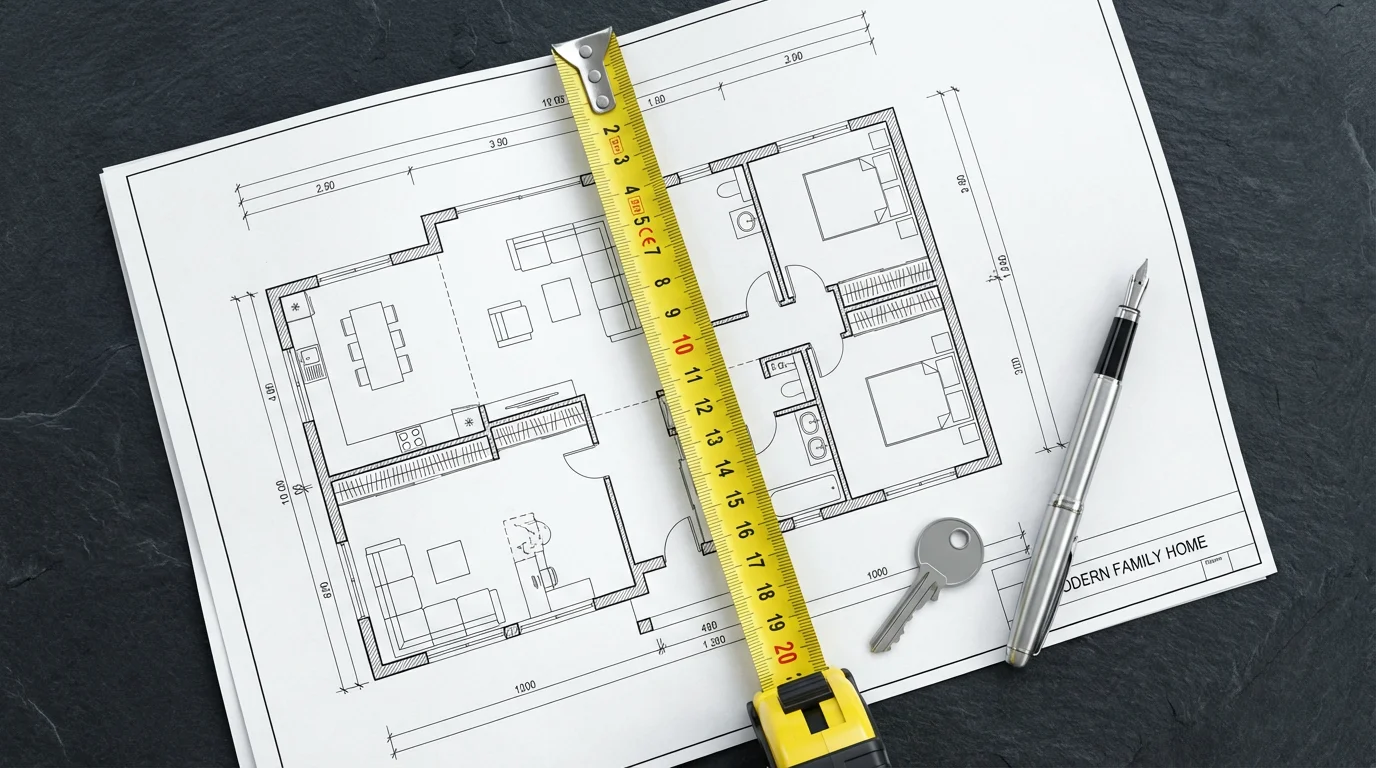 Flat lay of a house blueprint being divided by a measuring tape and key.