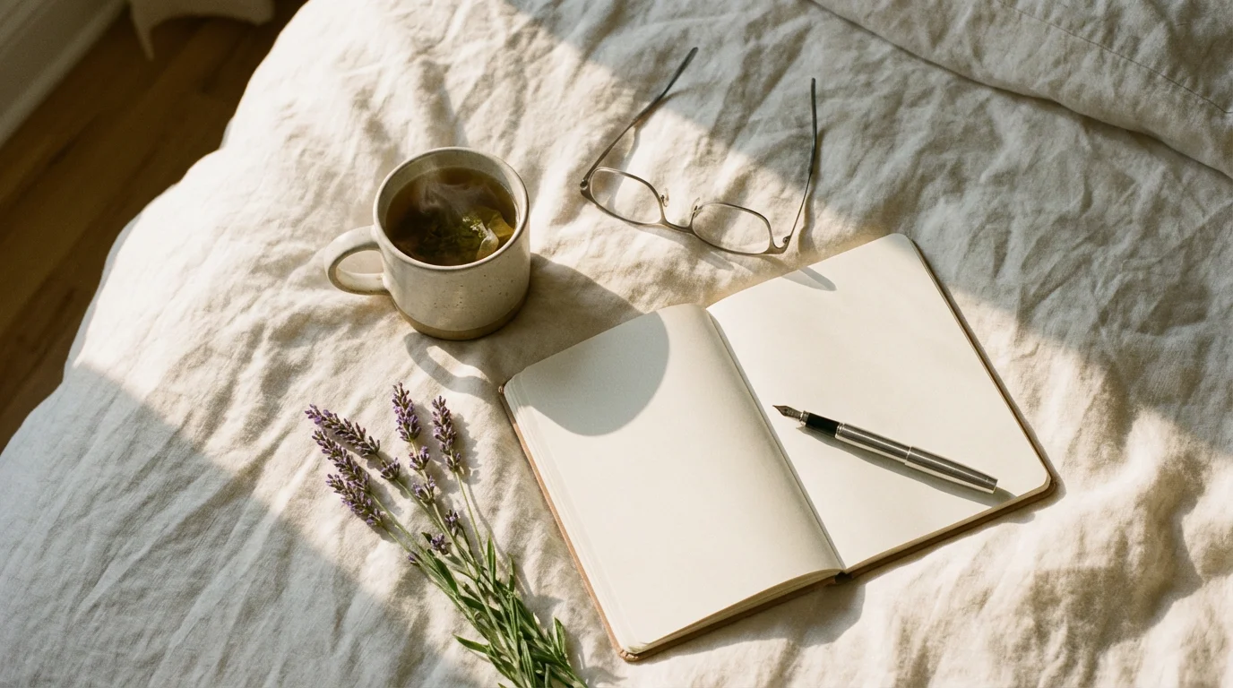 Flat lay of a journal, herbal tea, and glasses on a cozy bed at sunset.