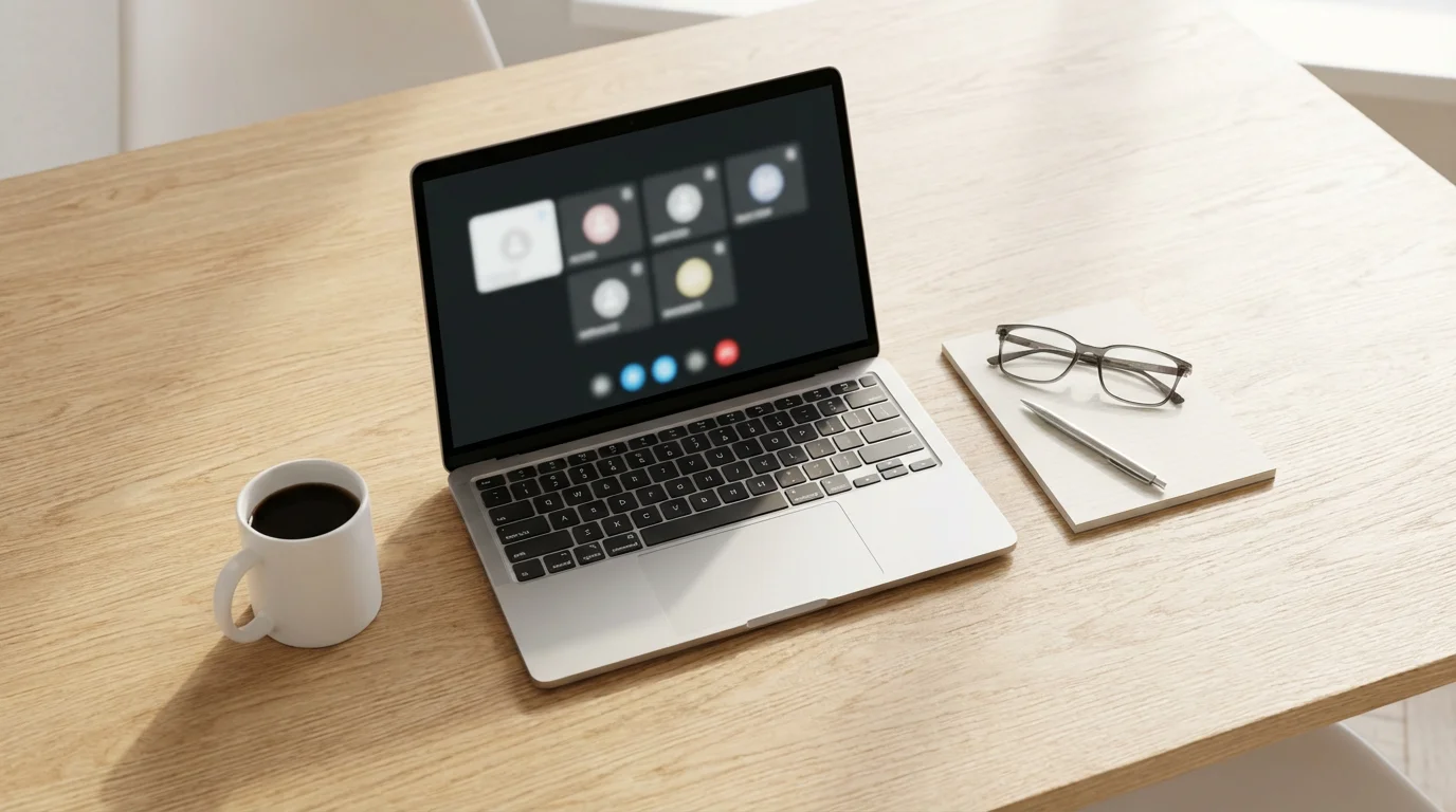 Flat lay of a laptop, notebook, reading glasses, and coffee on a wooden desk.