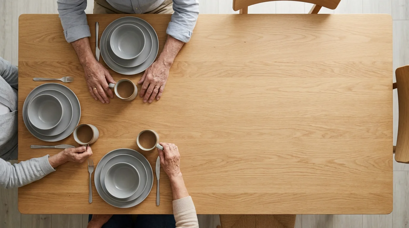 Flat lay of a large wooden dining table set for two, suggesting an empty nest.