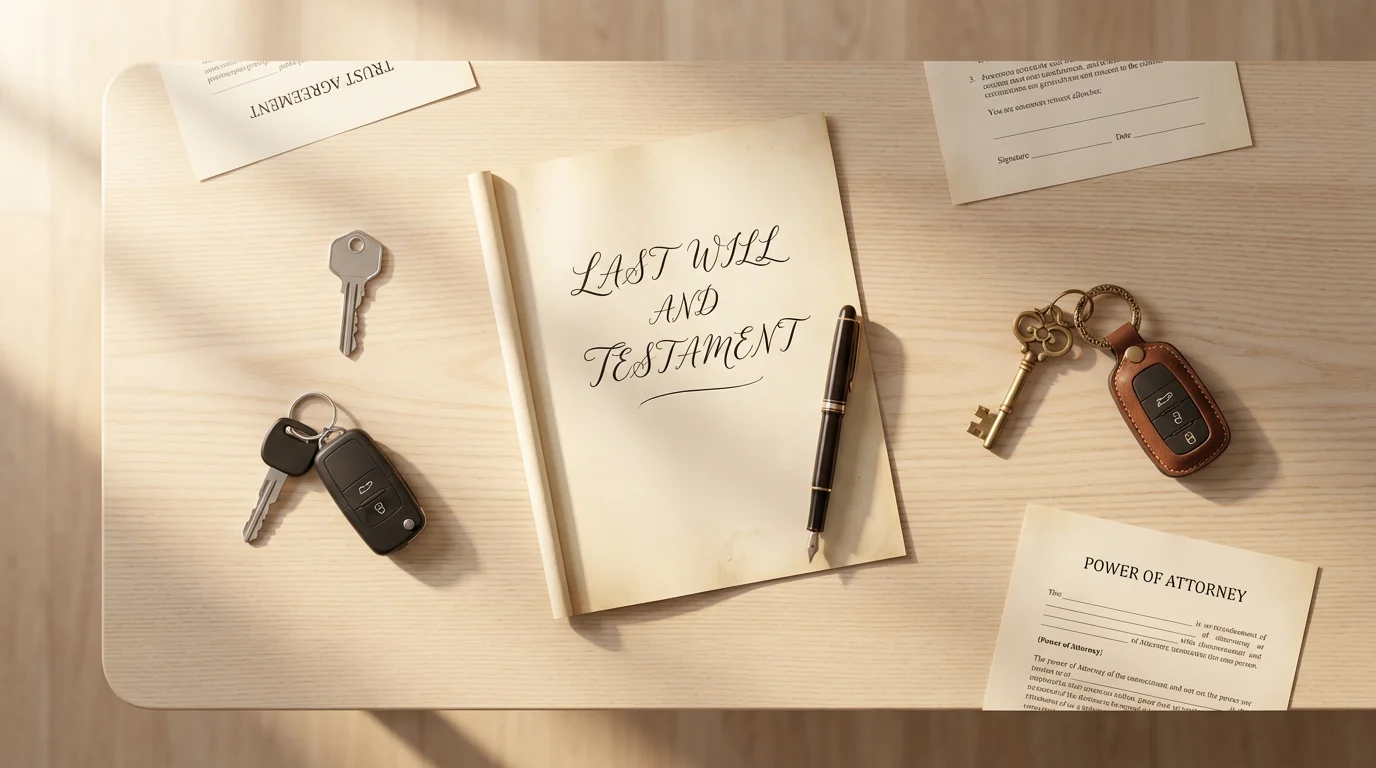Flat lay of a last will, a pen, and two separate sets of keys.