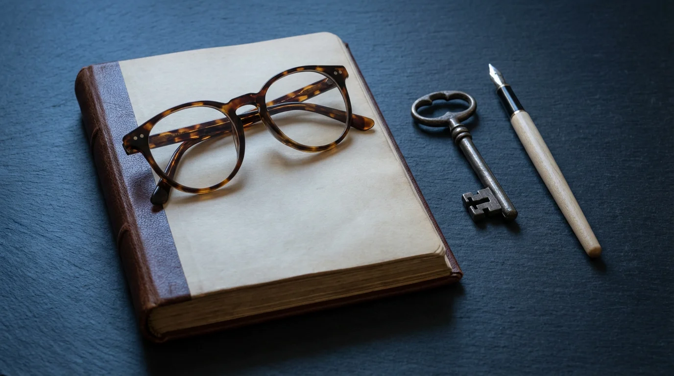 Flat lay of a ledger, spectacles, and a key, symbolizing executor responsibilities at dusk.