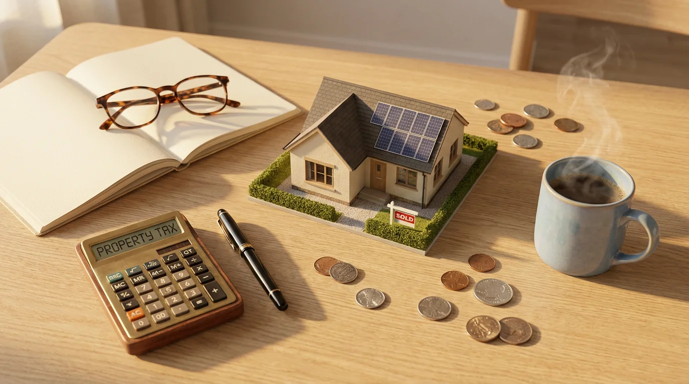 Flat lay of a model home, calculator, and notebook representing retirement financial planning.