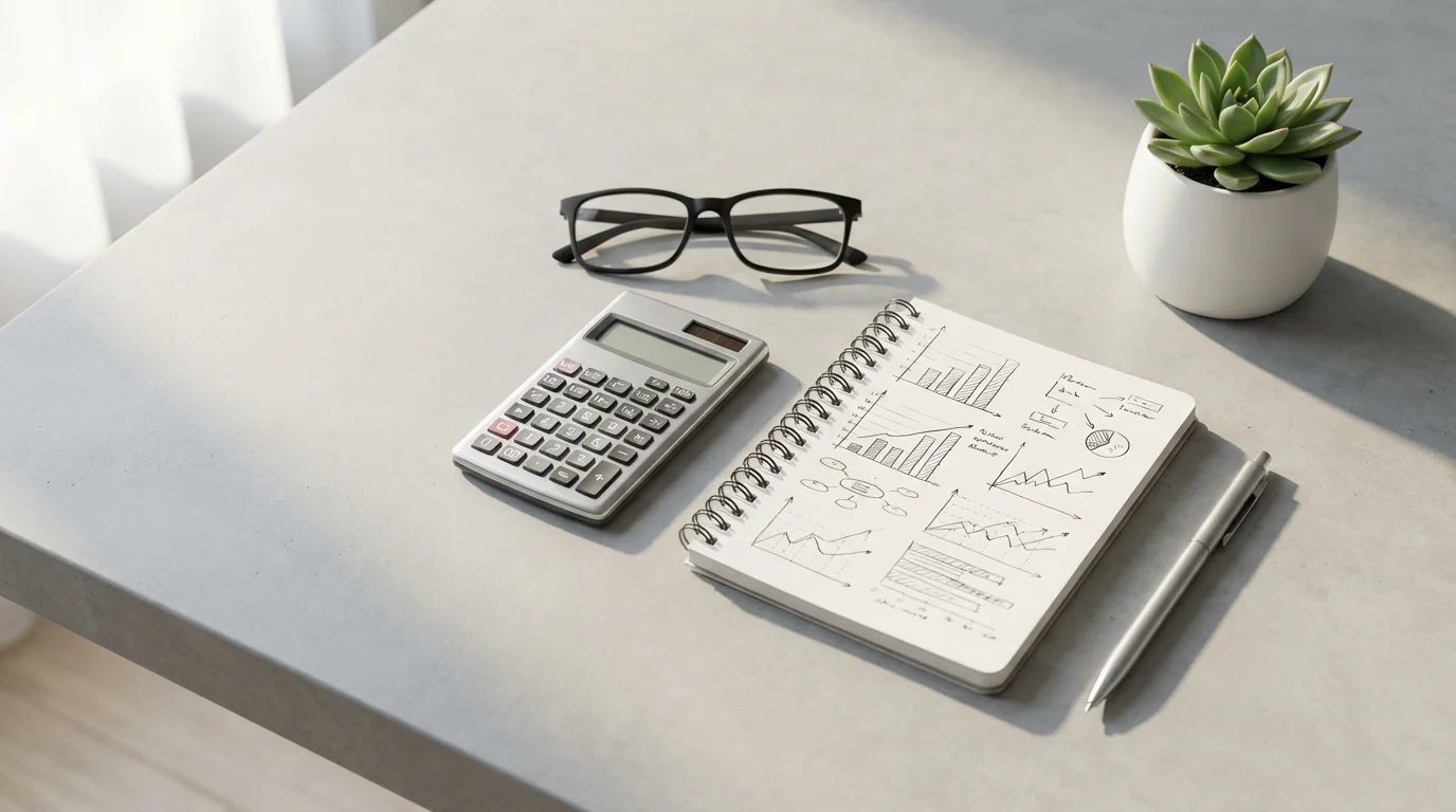 Flat lay of a notebook, calculator, and glasses representing long-term financial planning.