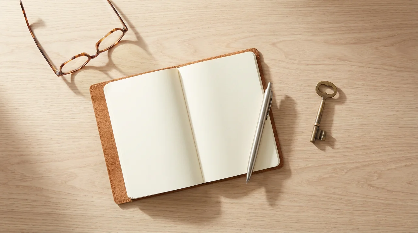 Flat lay of a notebook, pen, key, and glasses symbolizing retirement security planning.