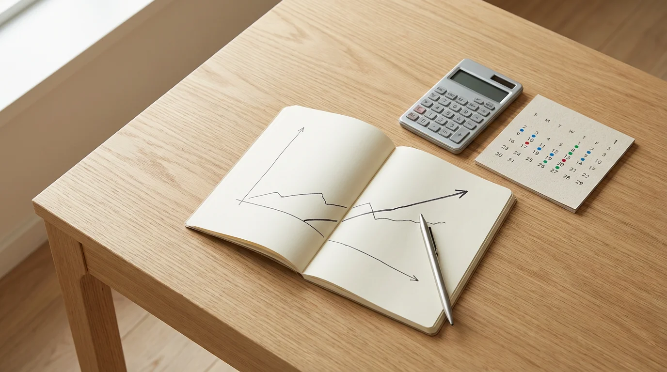 Flat lay of a notebook with a graph, a calculator, and a calendar for retirement planning.