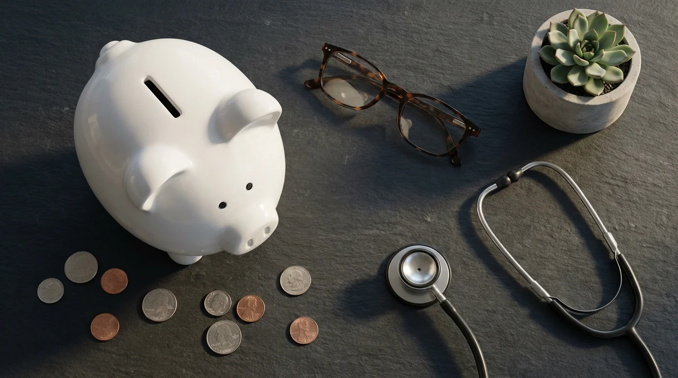 Flat lay of a piggy bank, stethoscope, and reading glasses symbolizing health savings.