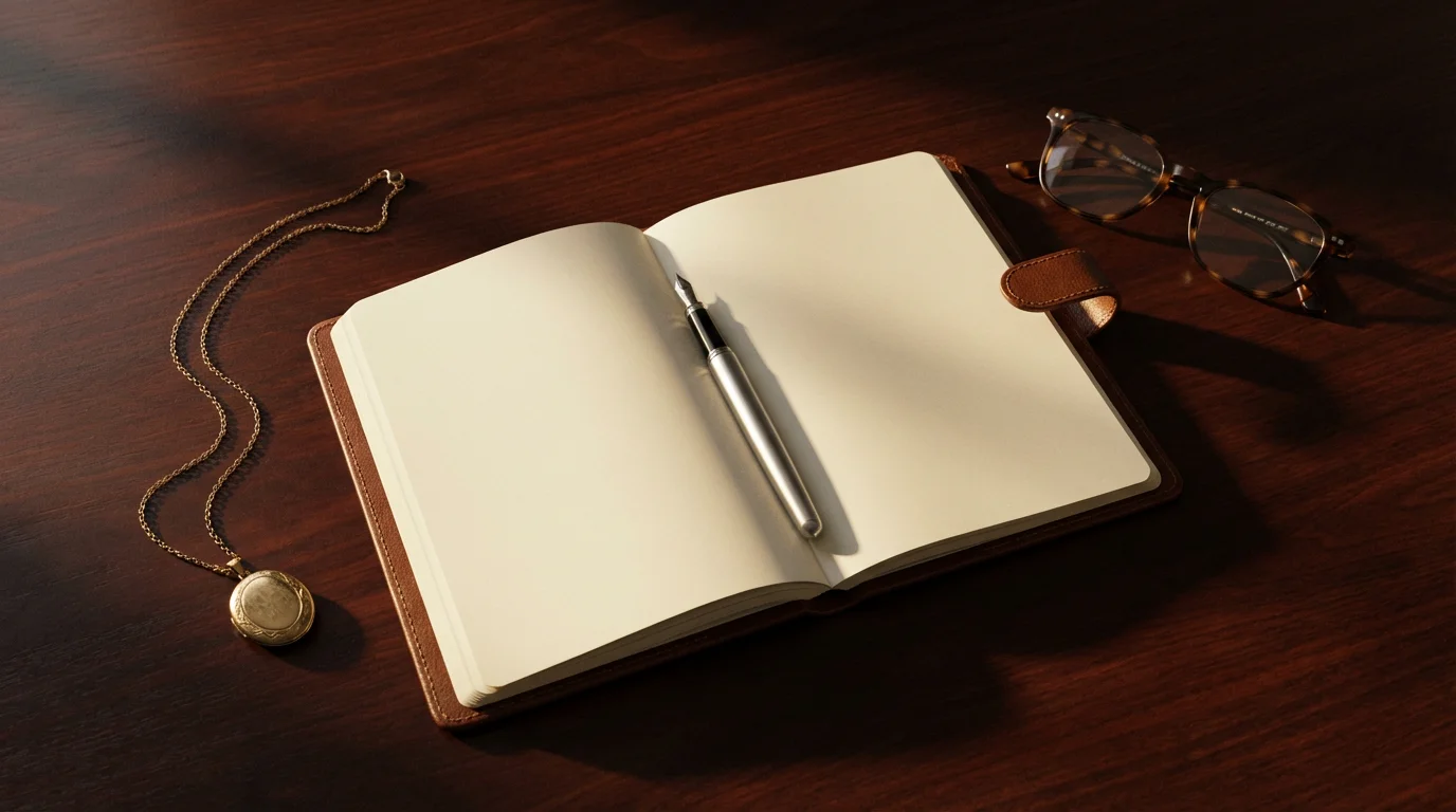 Flat lay of a planner, pen, and gold locket representing legacy planning.