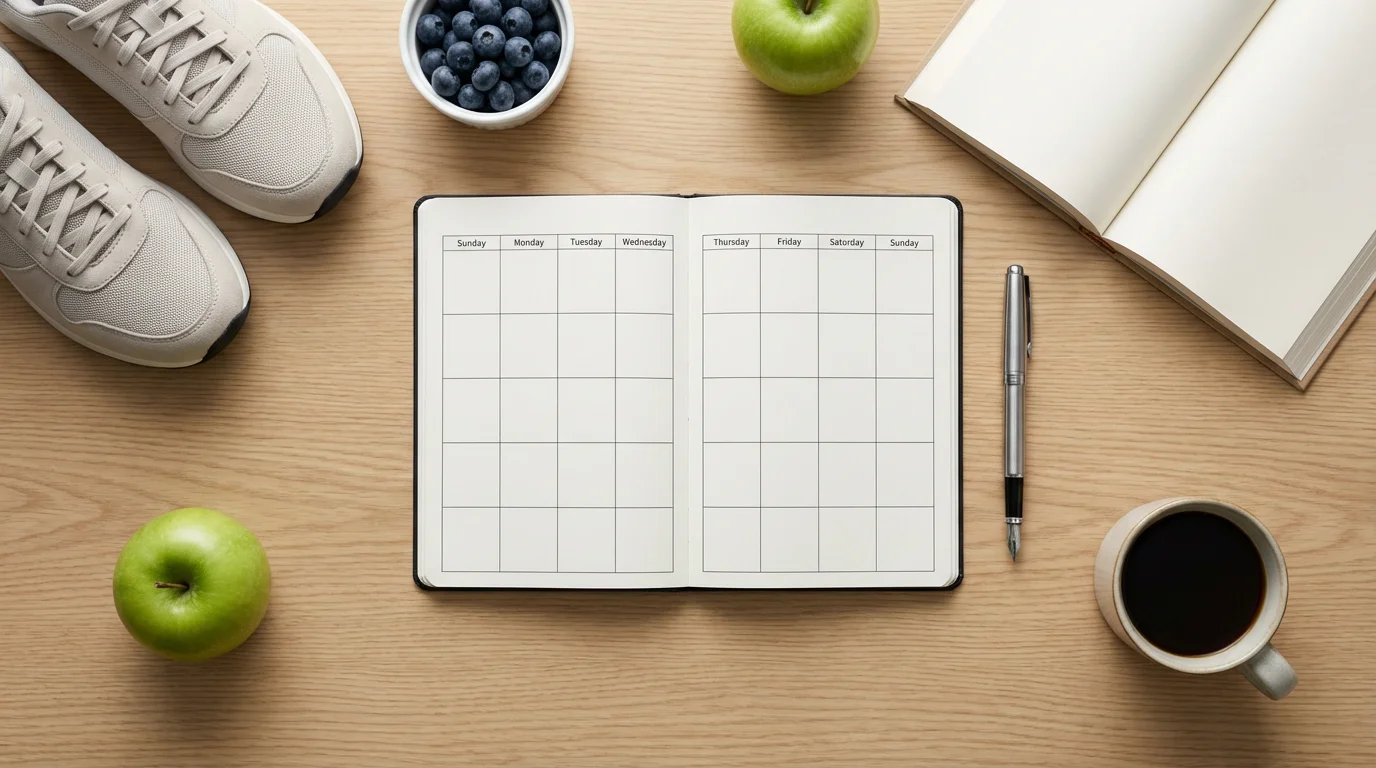 Flat lay of a planner, sneakers, fruit, and a book representing a retirement routine.