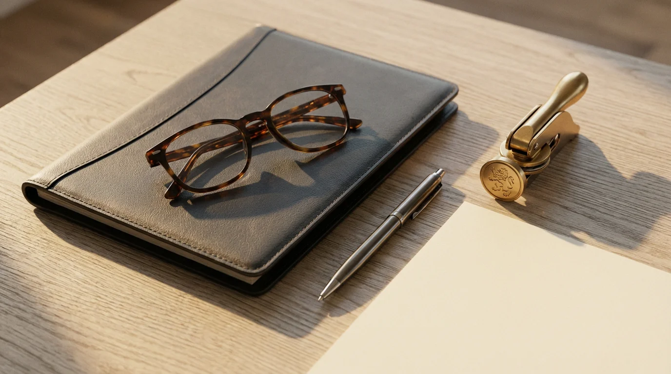 Flat lay of a portfolio, glasses, pen, and notary embosser for legal planning.