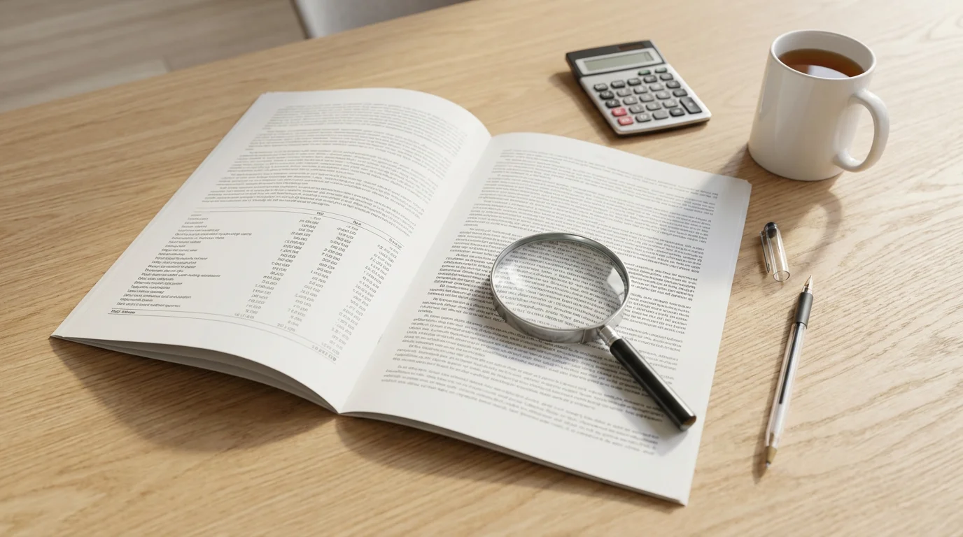 Flat lay of a residency agreement with a magnifying glass, calculator, and teacup.