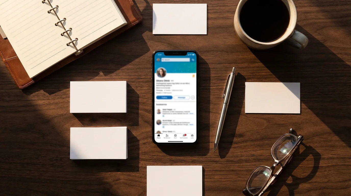 Flat lay of a smartphone, address book, and business cards for retirement job searching.