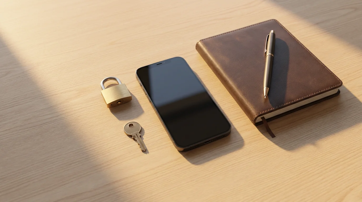 Flat lay of a smartphone, notebook, pen, and a padlock in warm light.