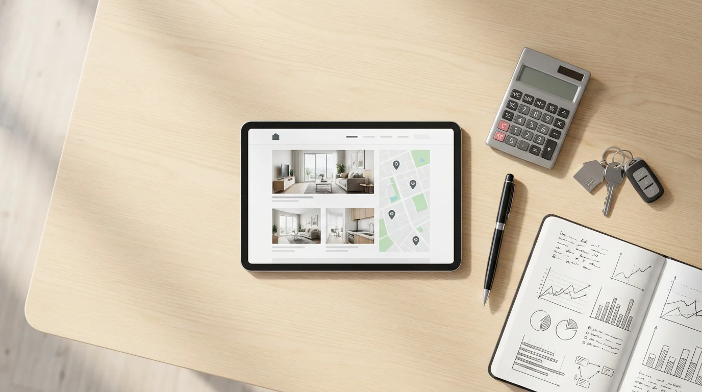 Flat lay of a tablet, calculator, and keys for planning a senior rental.