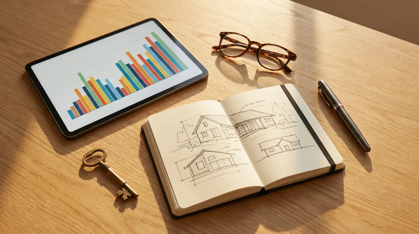 Flat lay of a tablet showing a graph, notebook, glasses, and a key for tax planning.