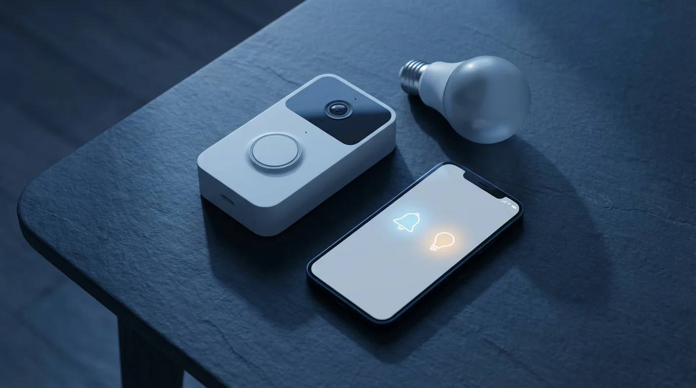 Flat lay of a video doorbell, smart bulb, and smartphone on a slate tabletop.