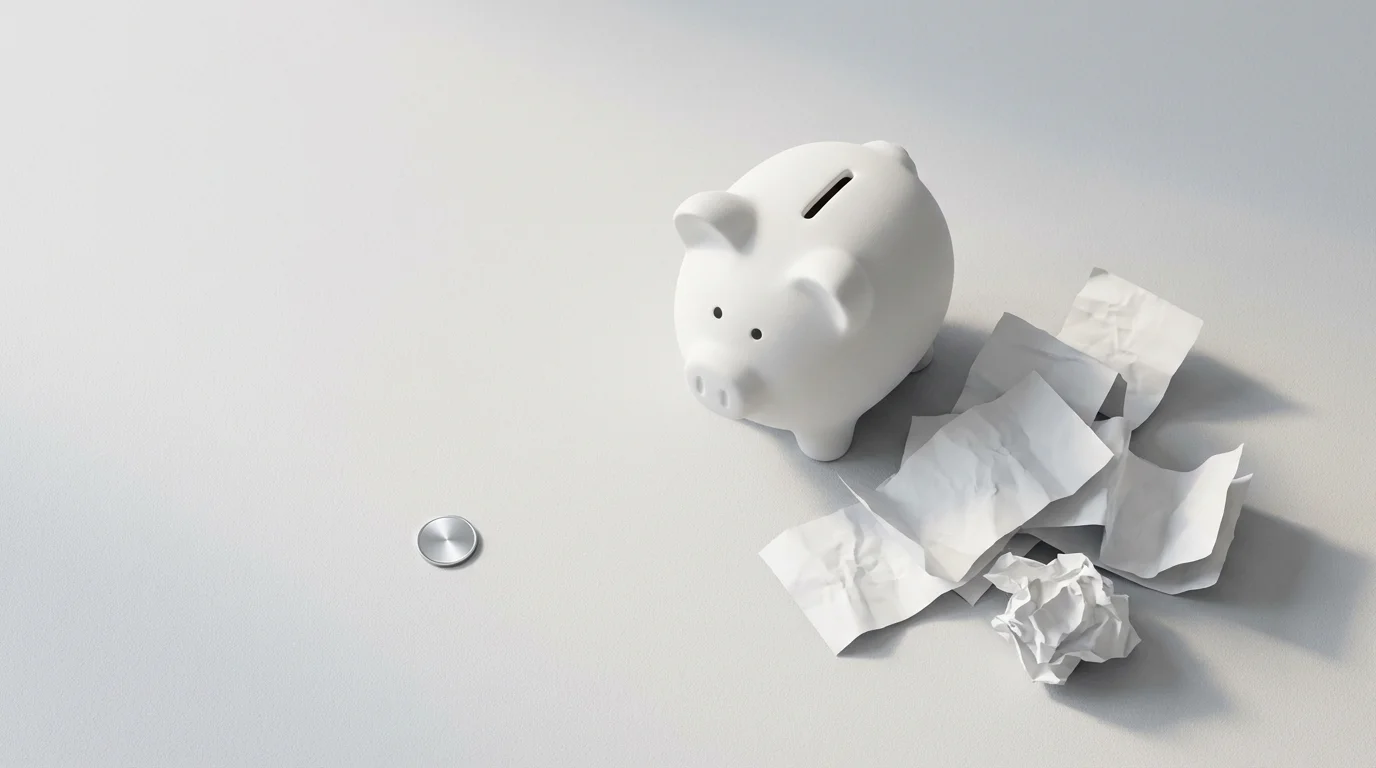 Flat lay of a white piggy bank, tangled paper receipts, and a single lost coin.