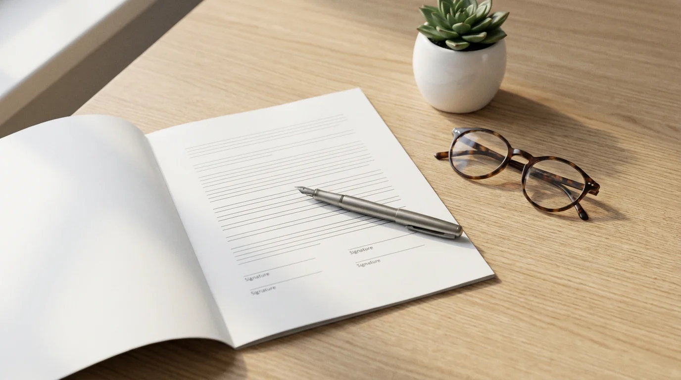 Flat lay of an advance directive document, a pen, and glasses on a desk.