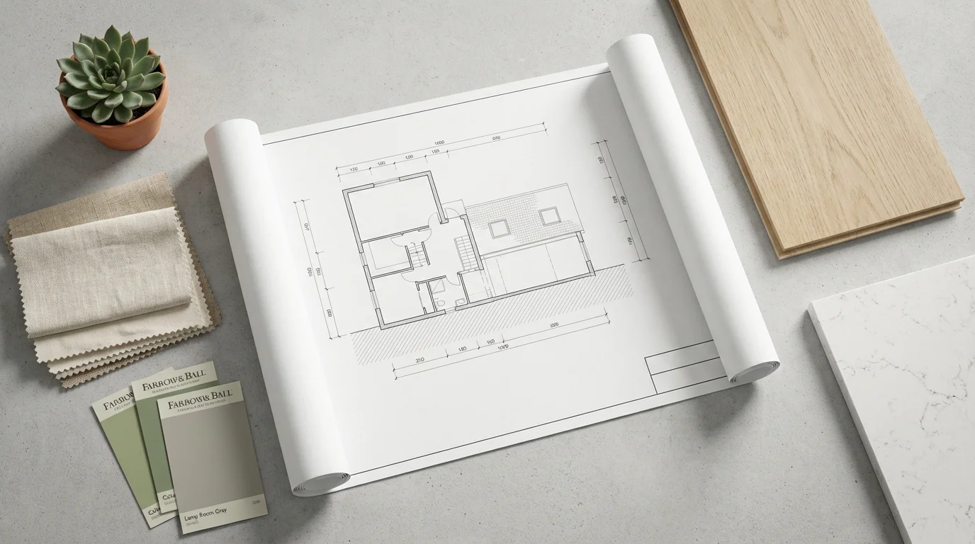 Flat lay of architectural blueprints and interior design samples for a multi-generational home project.