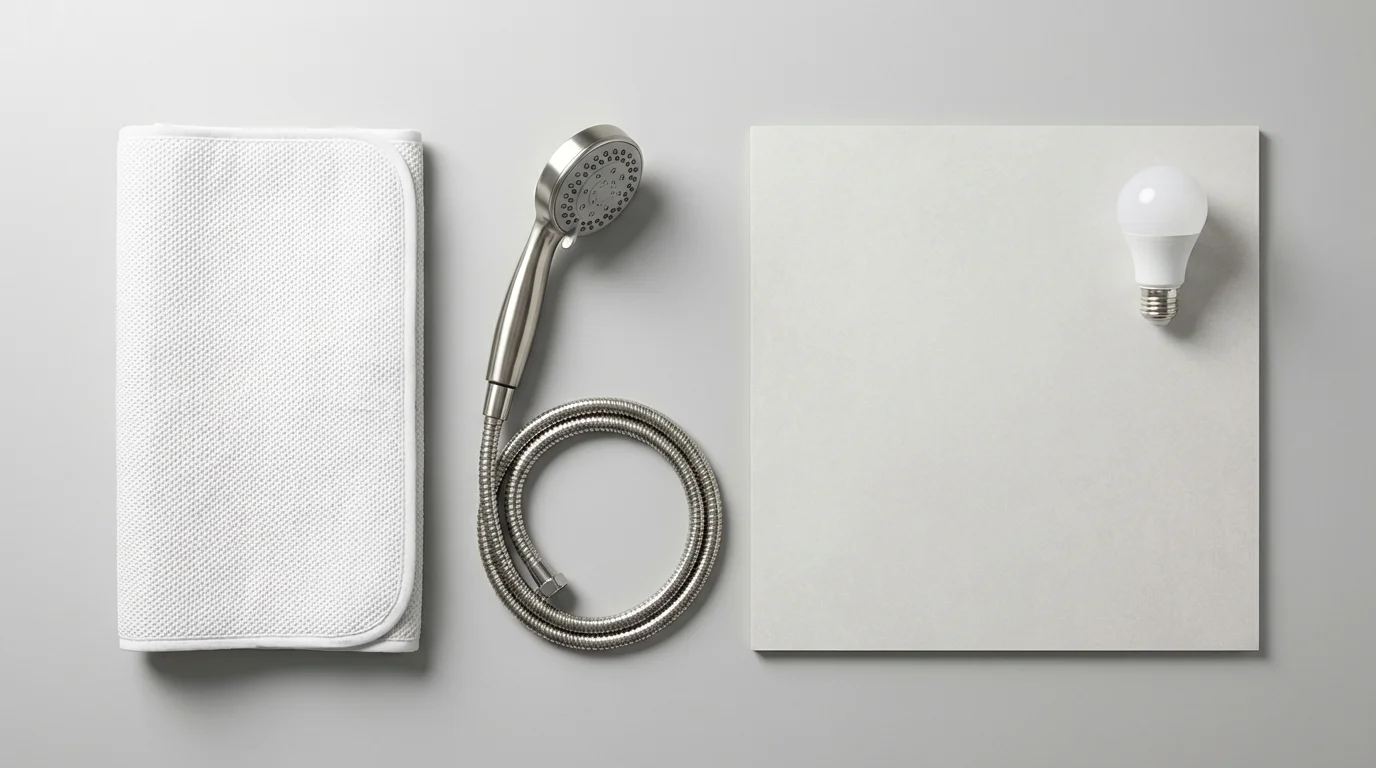 Flat lay of bathroom safety items like a non-slip mat and handheld shower head.