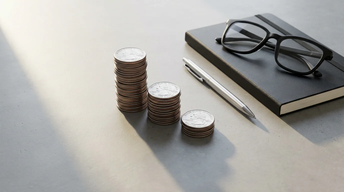 Flat lay of coin stacks in descending height representing reduced retirement income.