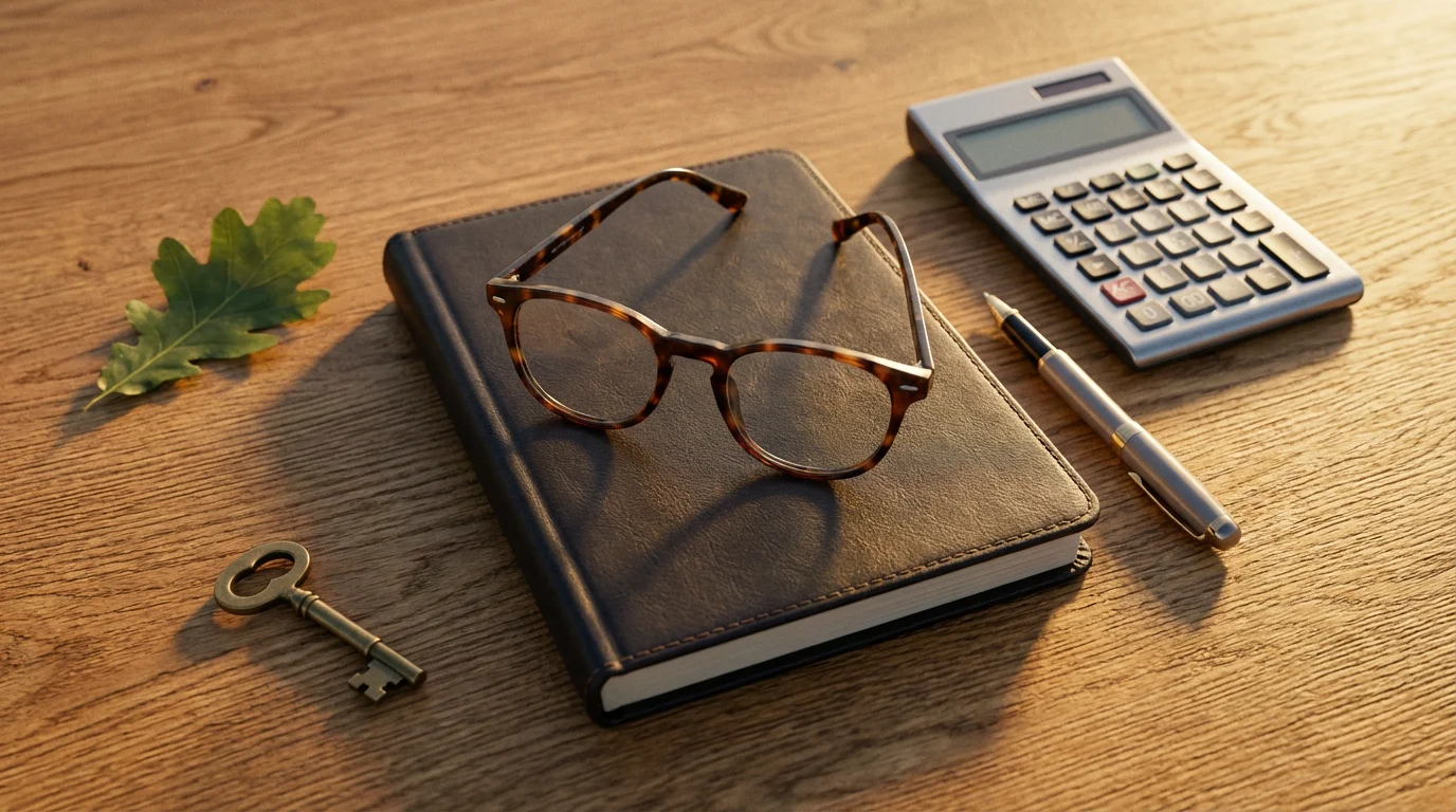 Flat lay of estate planning items like glasses, a journal, and calculator at sunset.