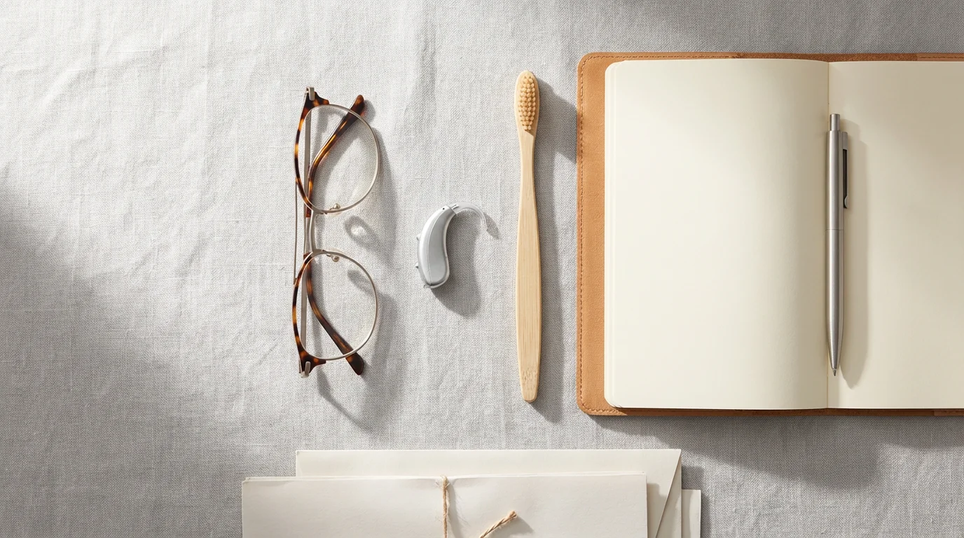 Flat lay of eyeglasses, hearing aid, and toothbrush with notebook, representing supplemental health planning.